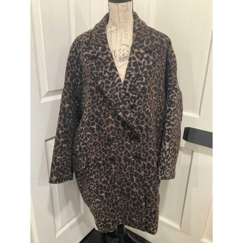 COACH LEOPARD PRINT WOOL BLEND DOUBLE BREASTED COAT